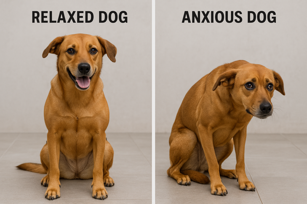 "Comparison between calm and anxious dog to explain what dog anxiety looks like"