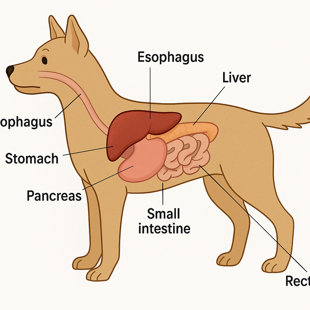 "Diagram of dog digestive system explaining digestive problems in dogs"