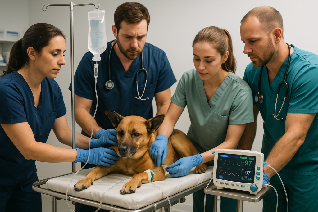 "Emergency treatment for severe digestive problems in dogs like bloat or pancreatitis"