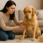 "Dog vomiting at home while owner comforts it in living room"