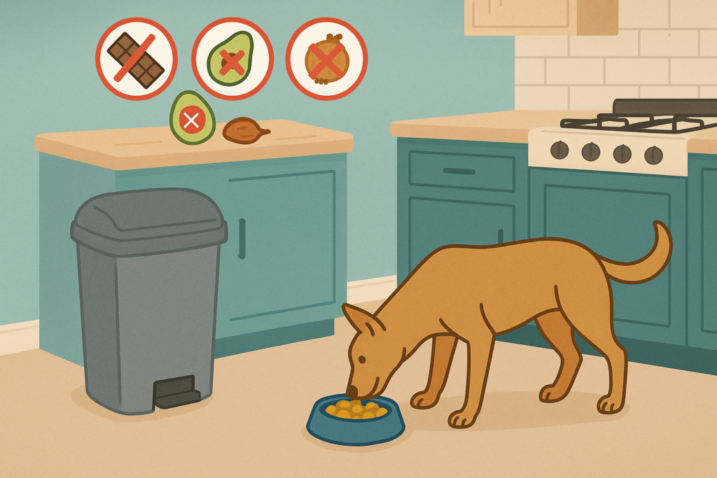 "Preventing dog vomiting by keeping toxic foods and trash out of reach"