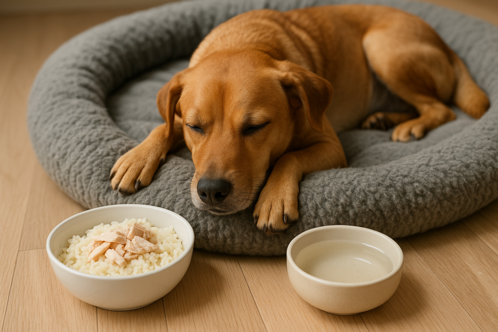 "Dog recovering from vomiting with bland diet and hydration support"
