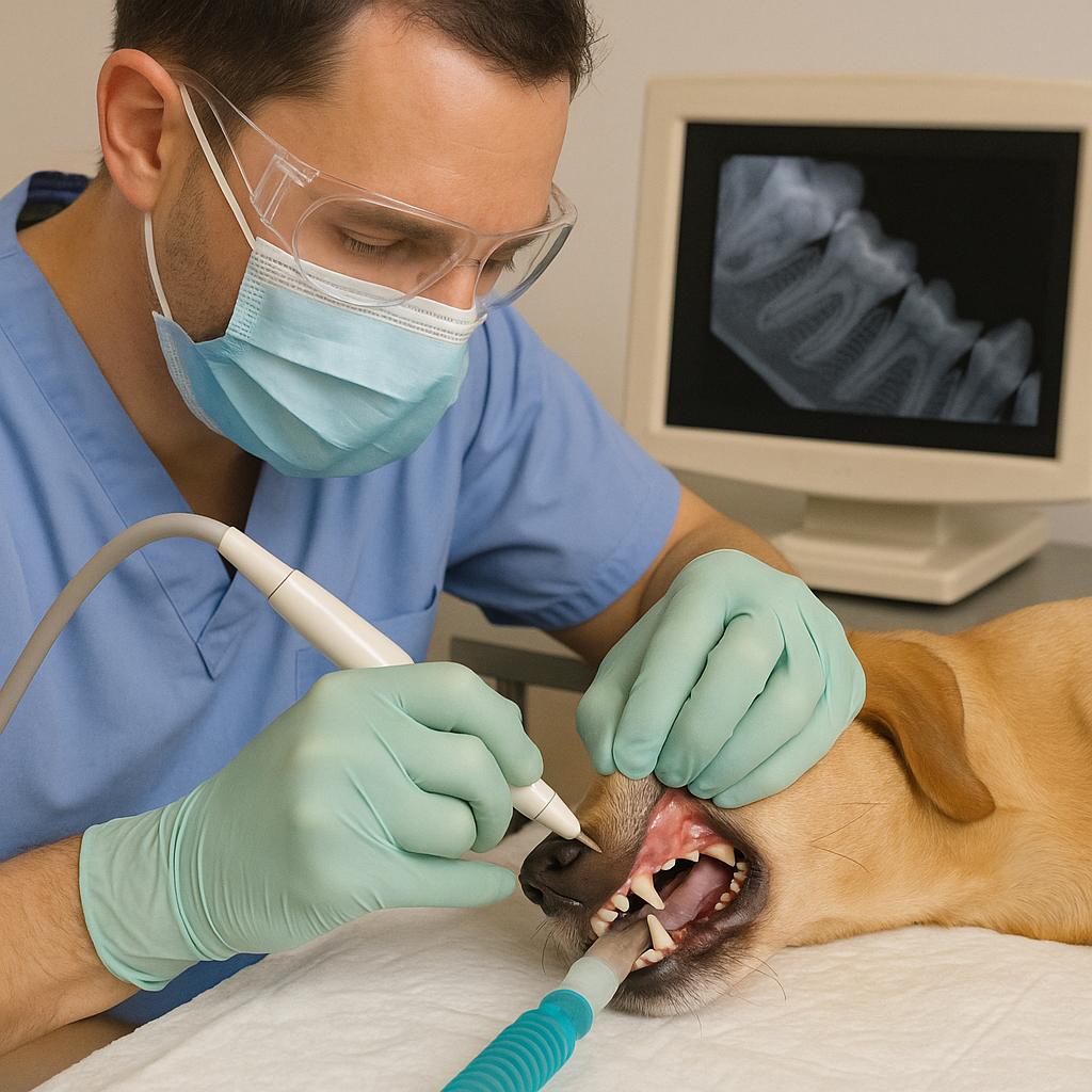 "Veterinary treatment of dental disease in dogs including cleaning and X-rays"