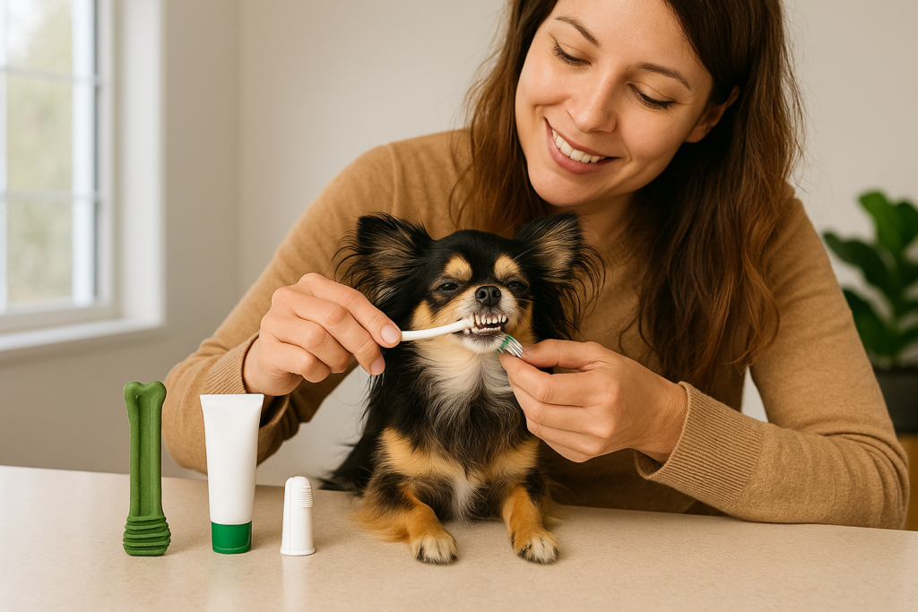 "Brushing to prevent dental disease in dogs using VOHC-approved products"