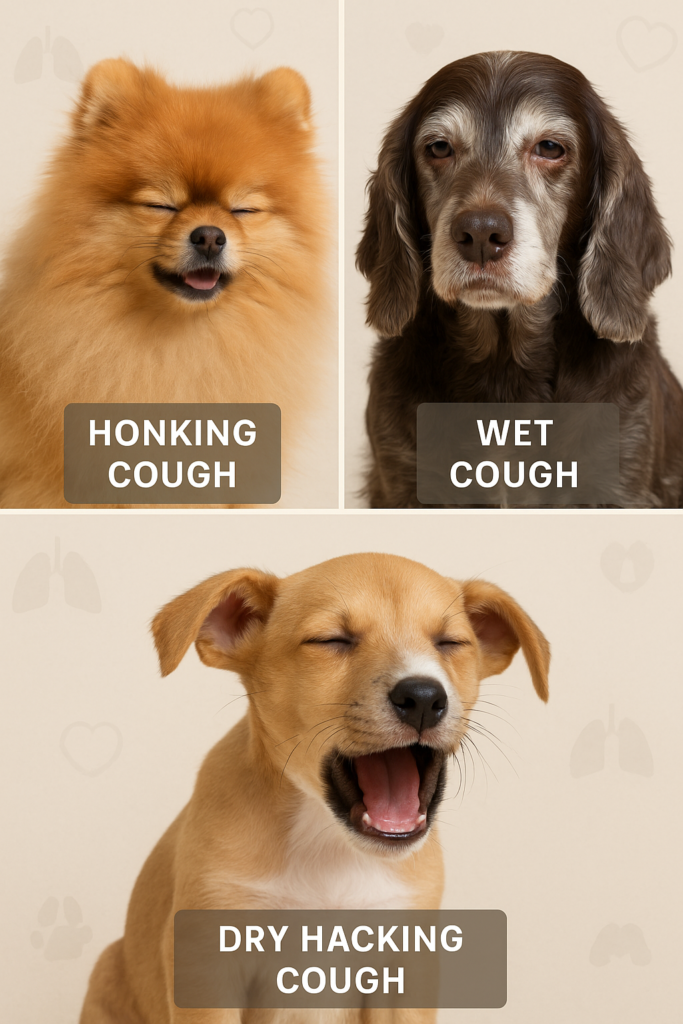 "Visual guide of common types of dog coughing by breed and sound"