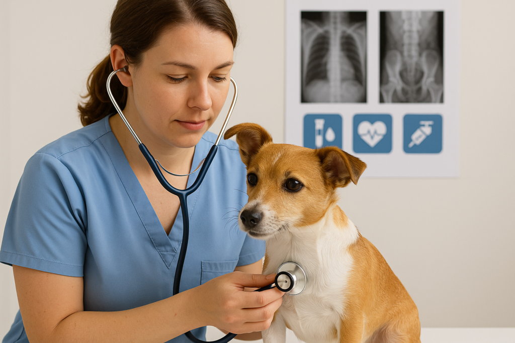 "Vet examining a dog coughing during clinical diagnosis in a veterinary clinic"