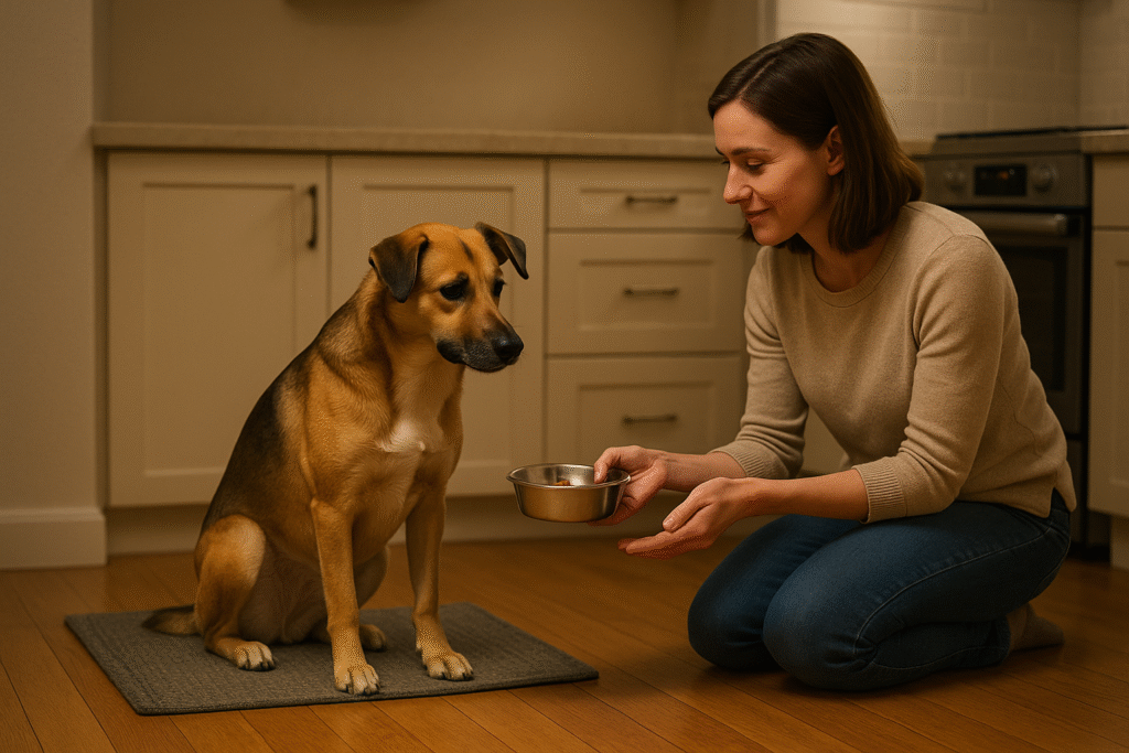 Owner feeding bedtime snack to dog – dog throwing up yellow foam at night.