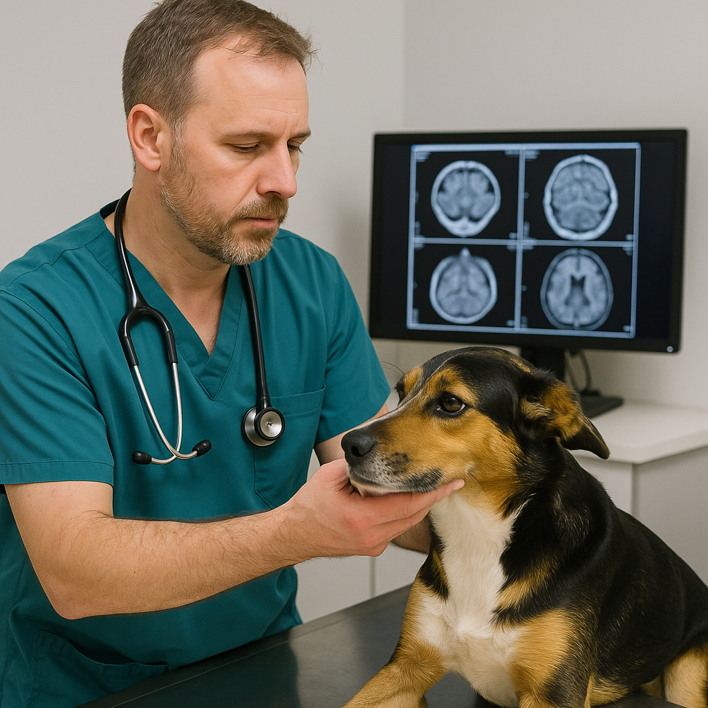 "Vet diagnosing canine epilepsy with neurological exams and brain imaging."