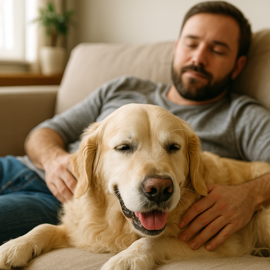 "Dog living well with managed canine epilepsy at home."