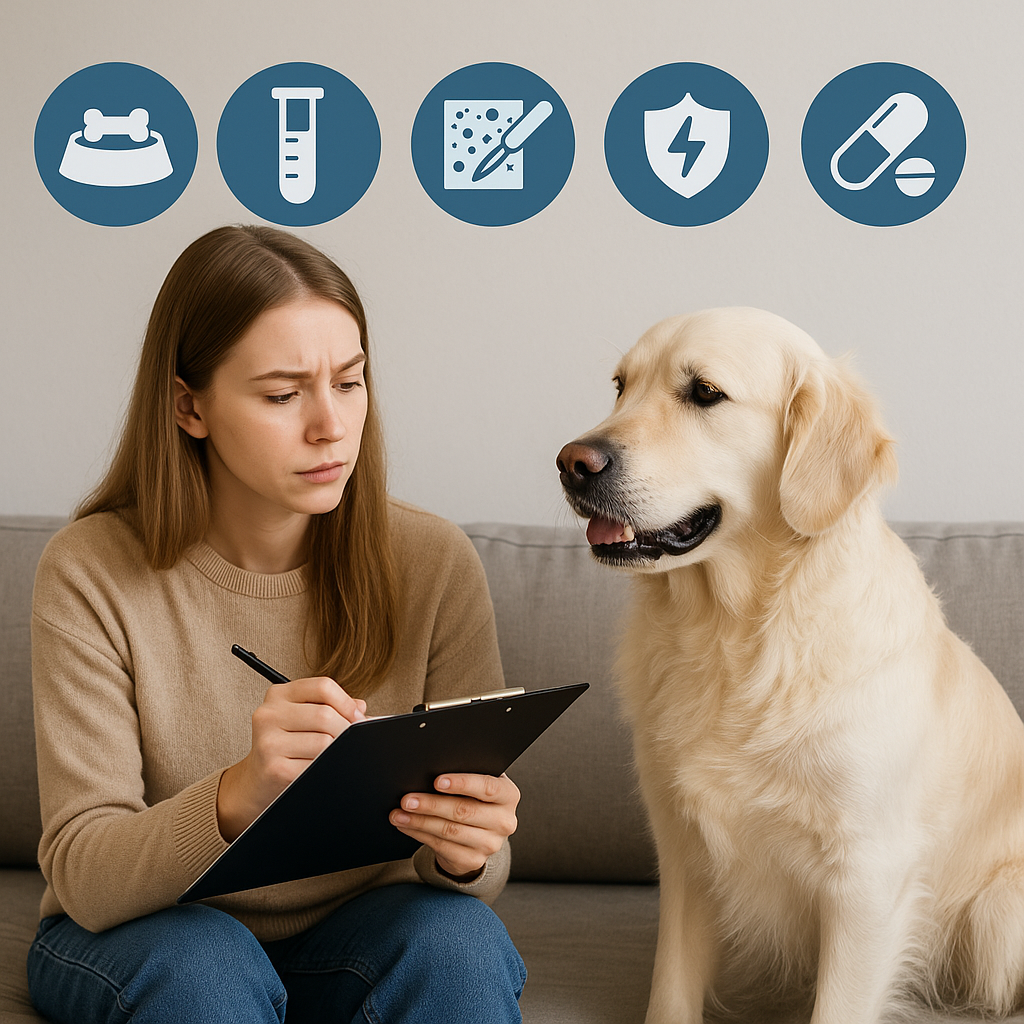 “Dog owner noting clues that suggest IBD in dogs, not food allergy.”


