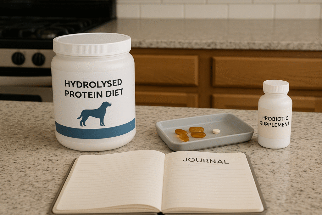 “Home care setup for managing IBD in dogs with diet and tracking tools.”

