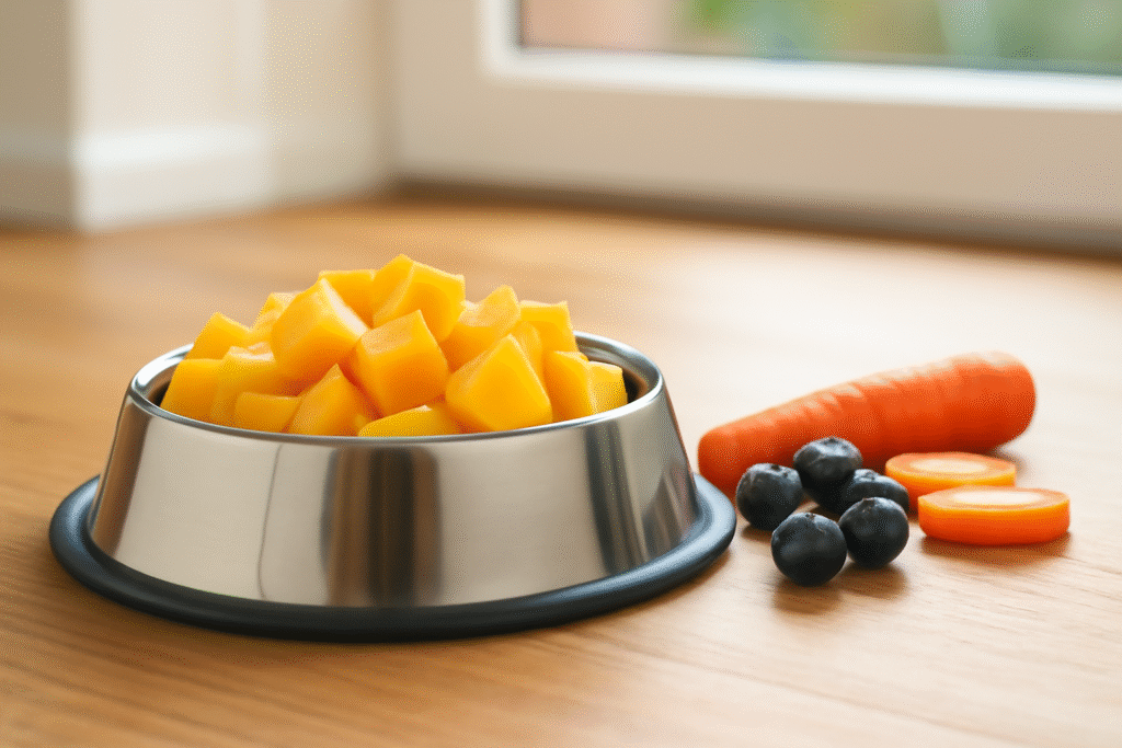 Prepared dog bowl with mango cubes showing how dogs eat mango with healthy portions.

