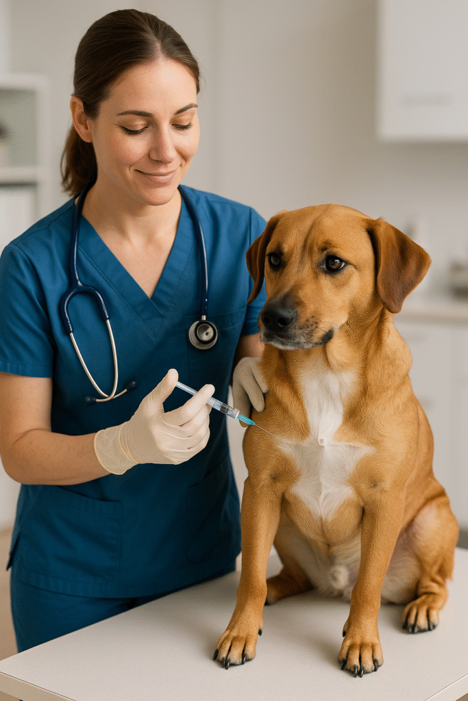 "Dog receiving Lyme vaccine from vet – vaccine strategy for Lyme disease in dogs"