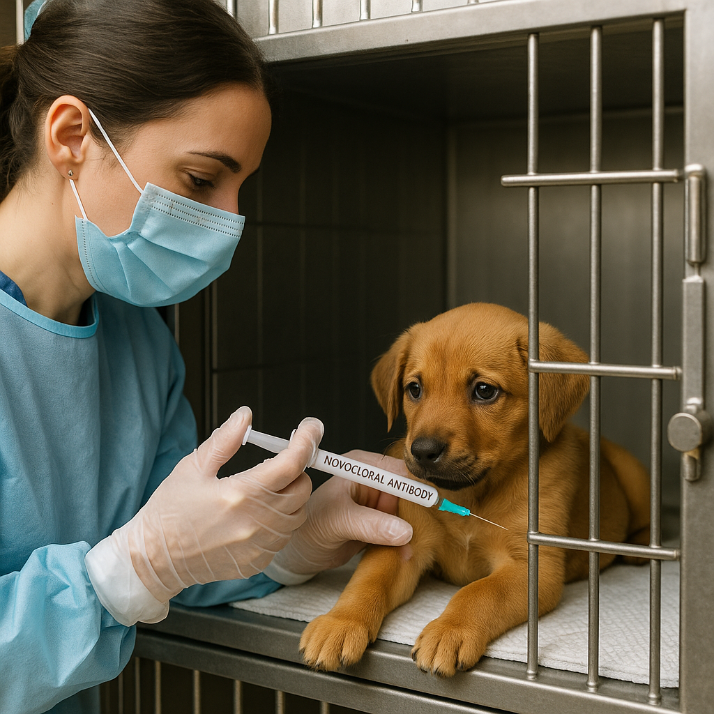 "Puppy receiving CPMA monoclonal antibody therapy for canine parvovirus 2025"