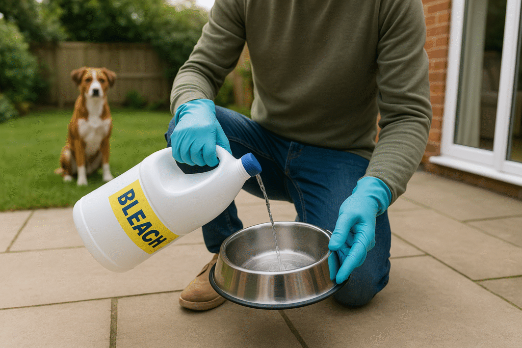 "Dog owner disinfecting surfaces to prevent canine parvovirus 2025 infection"