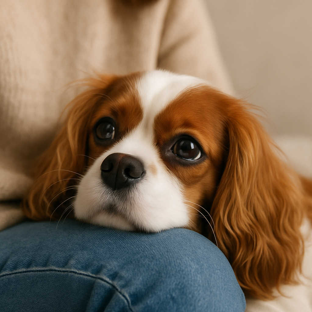 "A gentle Cavalier King Charles Spaniel, one of the calmest dog breeds, sharing a quiet moment with its owner."
