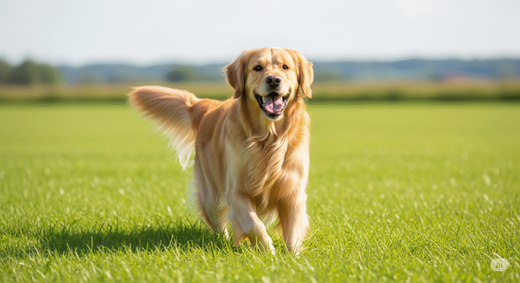 Golden retriever happily playing in a field, free from seasonal allergies in dogs.

