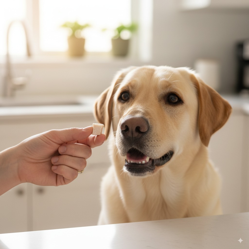 "A person carefully giving a small piece of chicken to their dog, demonstrating moderation with safe human foods for dogs."