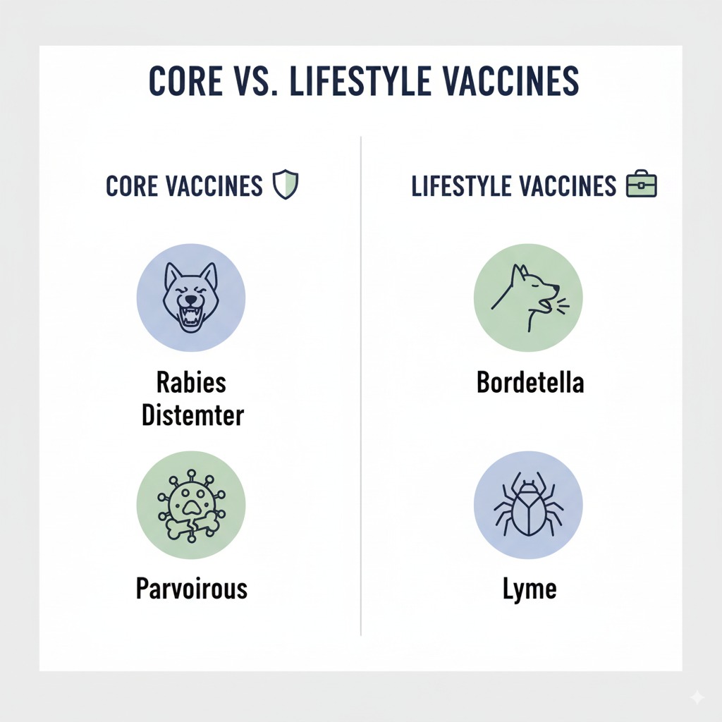 "A visual breakdown of core versus lifestyle vaccines in the typical puppy vaccination schedule."