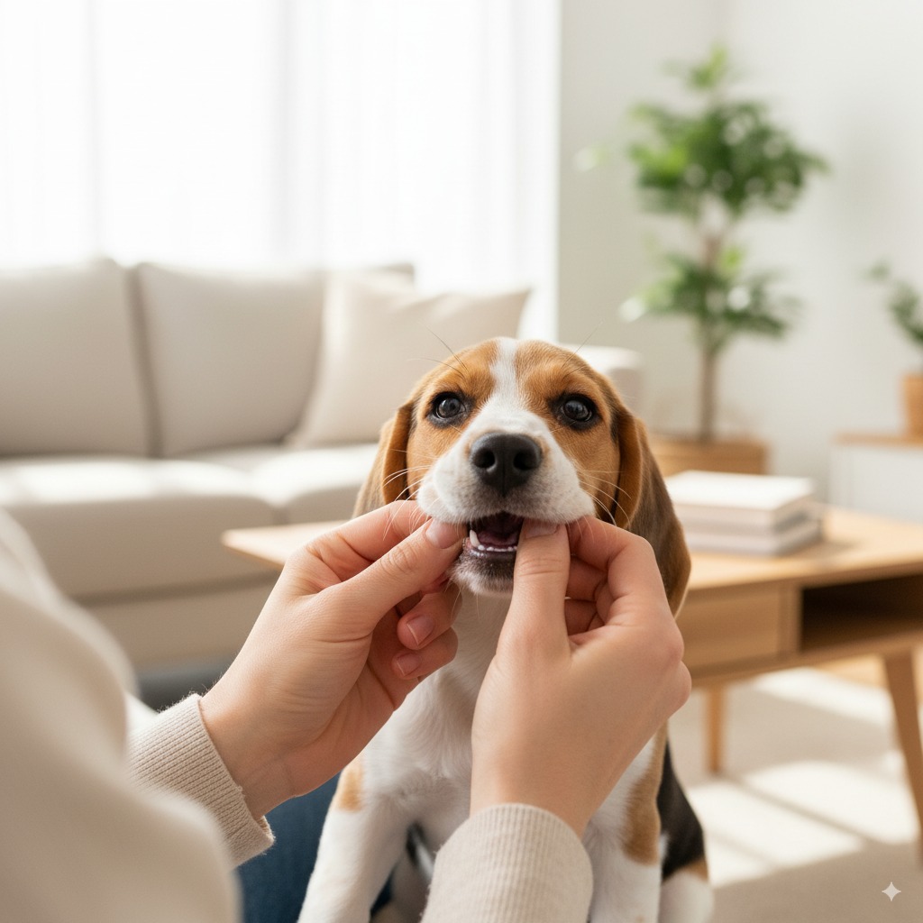 "A pet owner performing a health check, a key part of managing their puppy's health alongside the puppy vaccination schedule."