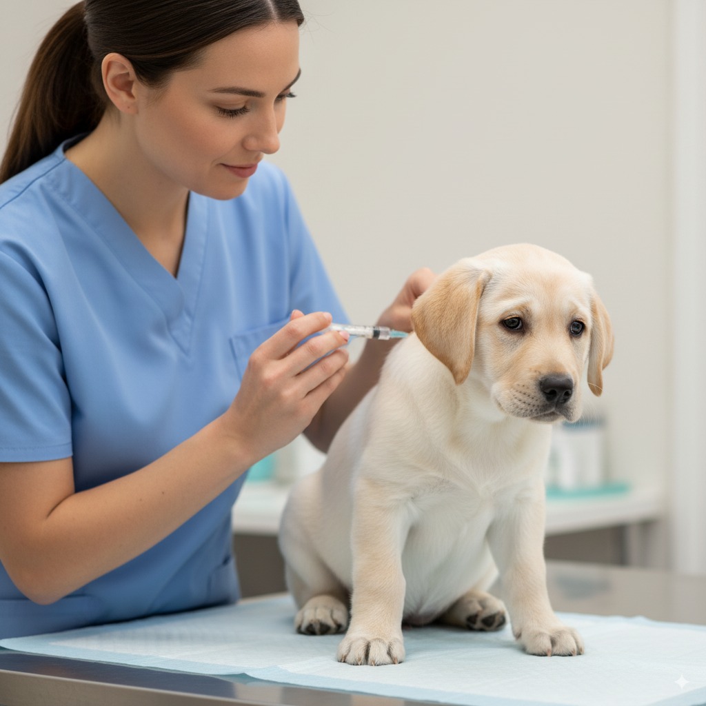 "A puppy receiving a core vaccine from a vet as part of its routine puppy vaccination schedule."