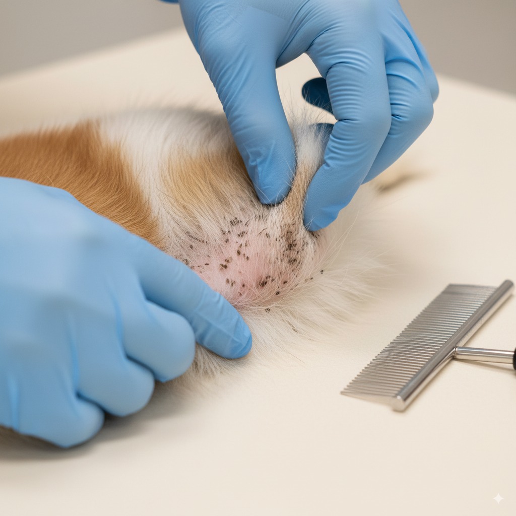 "A veterinarian identifying flea dirt, a key sign of flea-related dog allergies."