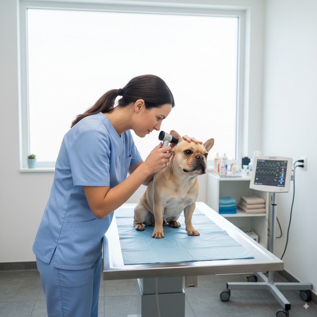 "A veterinarian performs a diagnostic exam to investigate underlying causes of dog allergies."