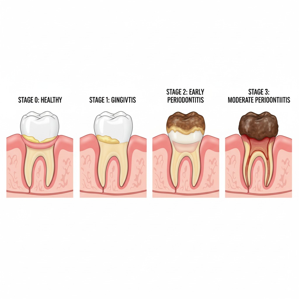 "An infographic illustrating the progression of periodontal disease, a key concern in dog dental care."
