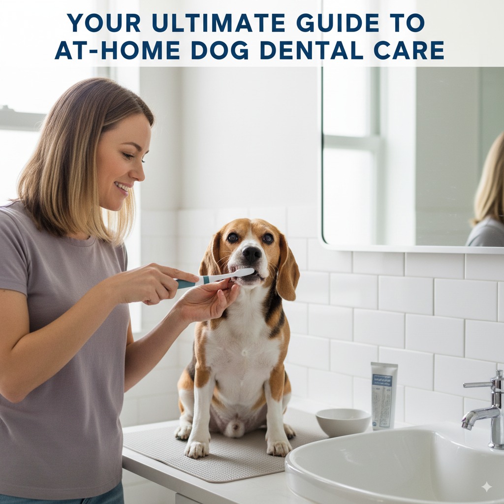 "A pet owner performing at-home dog dental care by brushing their Beagle's teeth."