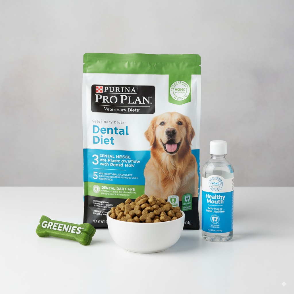 "A collection of VOHC-approved products recommended for effective at-home dog dental care."
