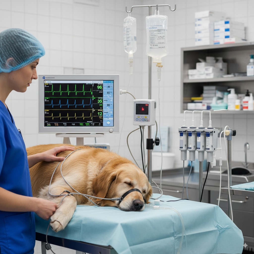 "A dog safely under anesthesia for a professional cleaning, a crucial part of comprehensive dog dental care."