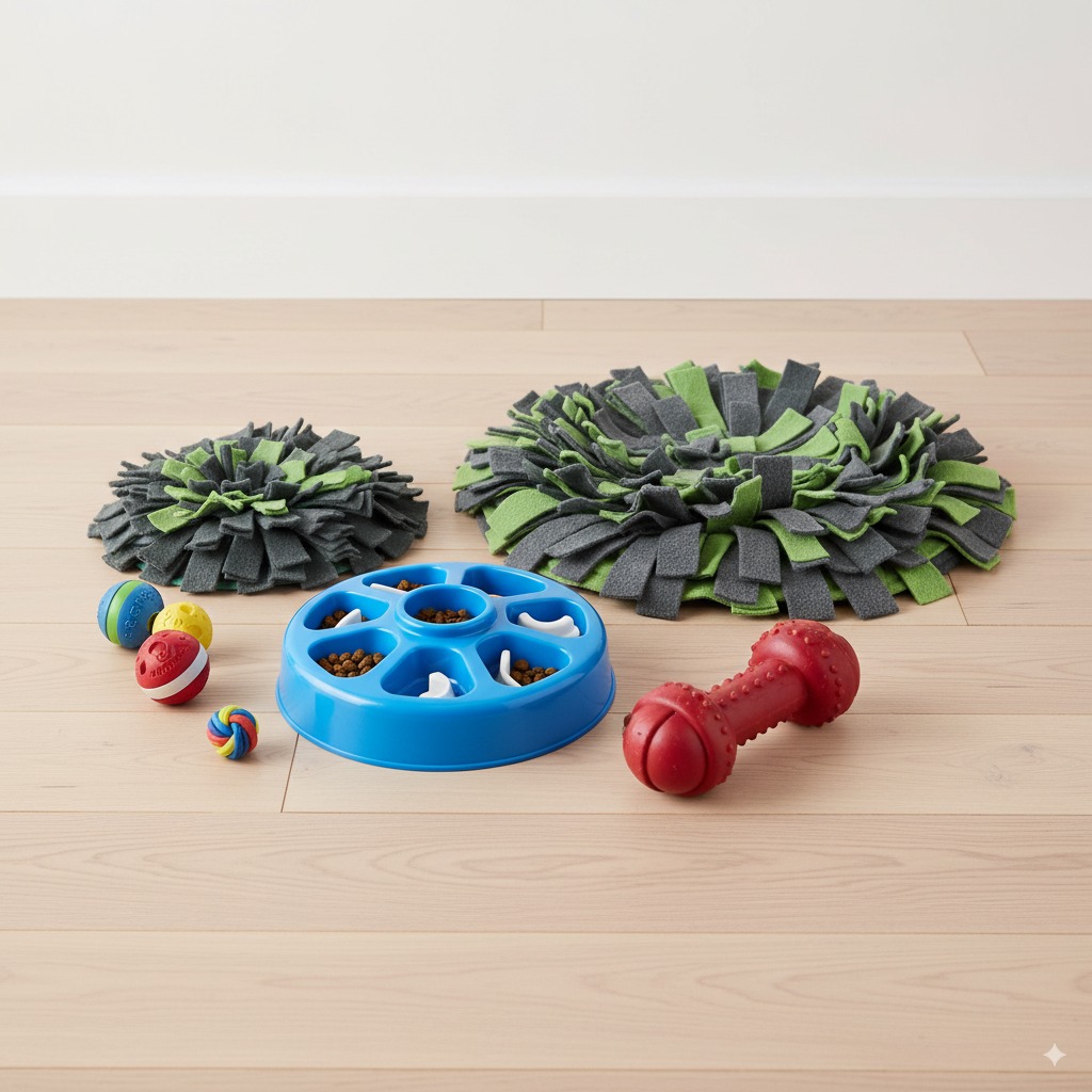 "A collection of enrichment toys used to help the best dog breeds for apartments thrive in a small living space."