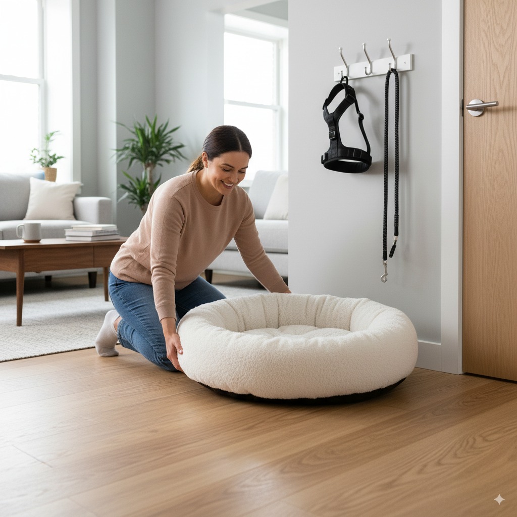 "A person preparing their home for a new pet, a key step before choosing one of the best dog breeds for apartments."