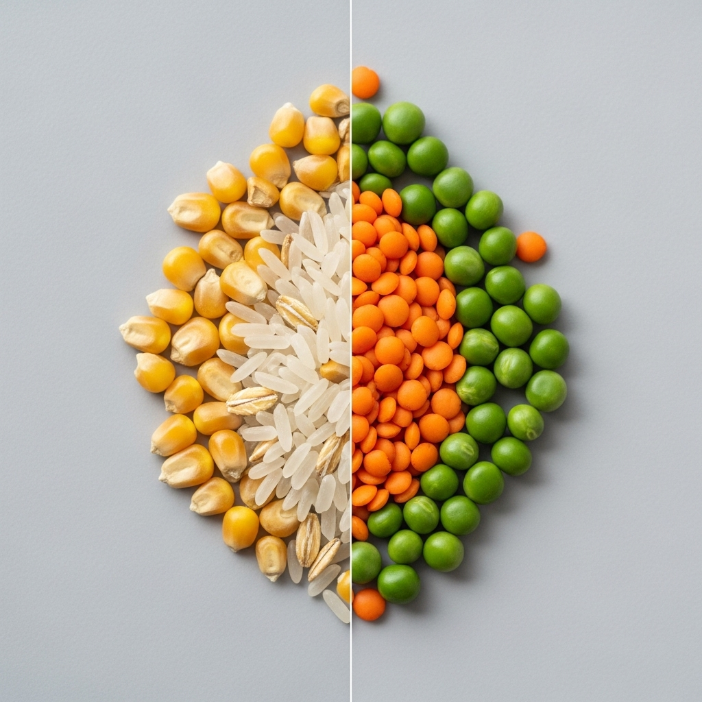"A comparison of traditional grains vs. legumes, the key ingredients being examined in the link between grain-free dog food and heart disease."