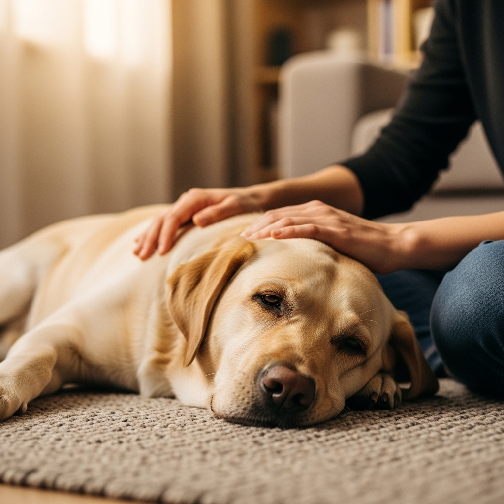 "A dog owner carefully monitoring their pet at home, an important step for anyone concerned about grain-free dog food and heart disease"