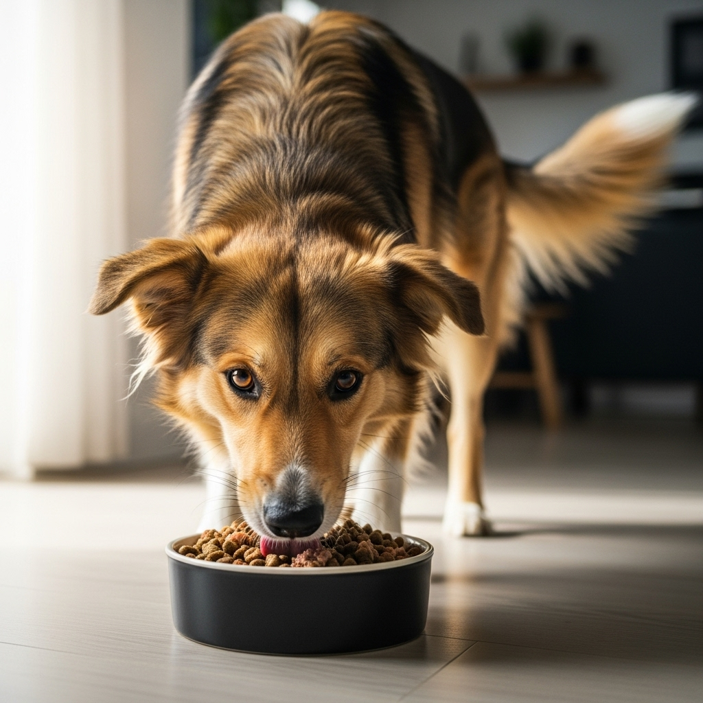 "A healthy dog enjoys its meal, illustrating the goal for owners navigating the facts about grain-free dog food and heart disease"