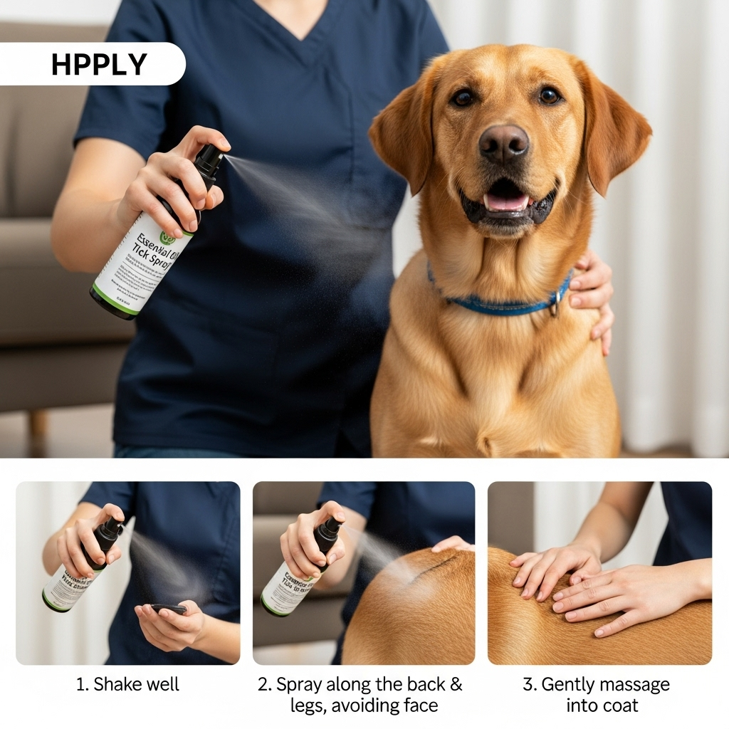 Safe application of essential oil tick spray on dog.