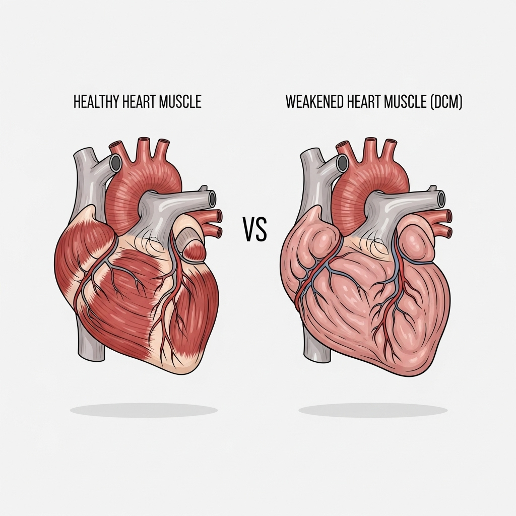 "A diagram illustrating dilated cardiomyopathy (DCM), the heart muscle condition at the center of the grain-free dog food and heart disease discussion"