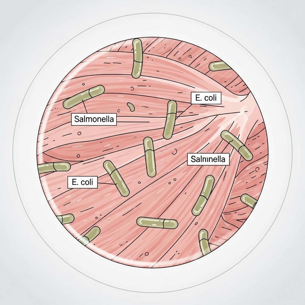 "A microscopic illustration showing the bacteria that can contaminate a raw food diet for dogs, highlighting potential health risks"