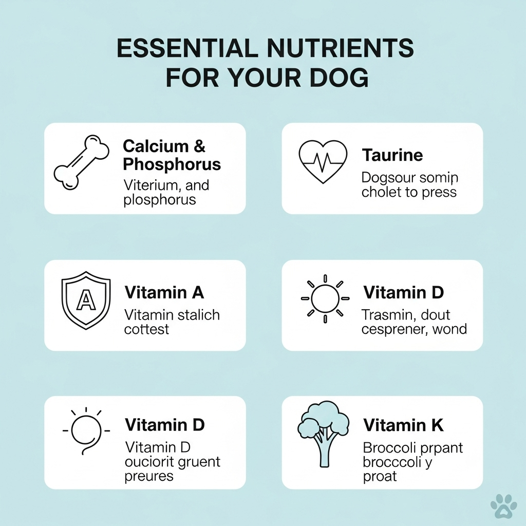 "An infographic detailing the crucial nutrients needed in a balanced raw food diet for dogs to prevent deficiencies'
