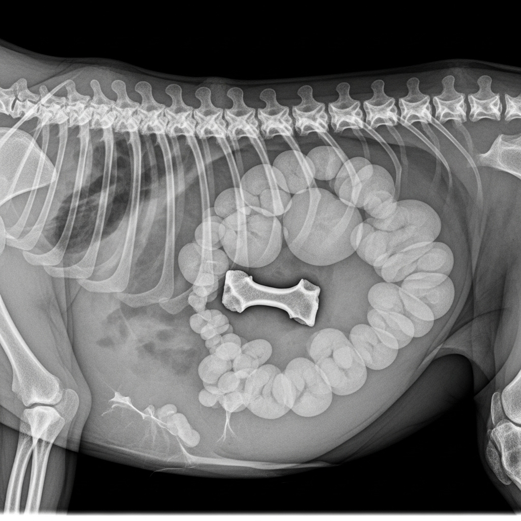 "A veterinary X-ray showing the serious risk of intestinal blockage from bones in a raw food diet for dogs"