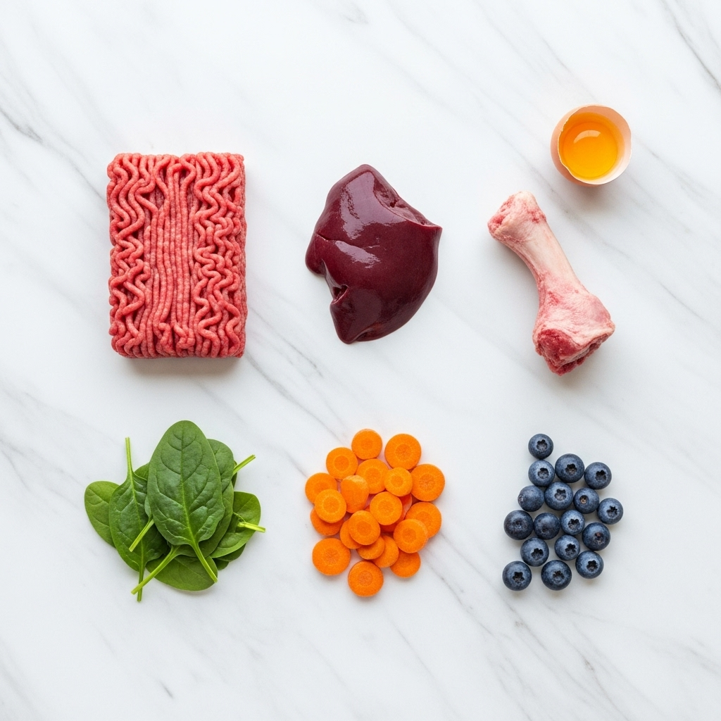 "A top-down view of the ingredients for a homemade raw food diet for dogs, including meat, bone, organ, vegetables, and fruit, arranged neatly on a clean surface"