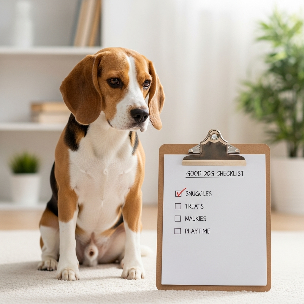 "A helpful beagle sits by a clipboard, illustrating the at-home checklist for choosing the best probiotics for dogs"