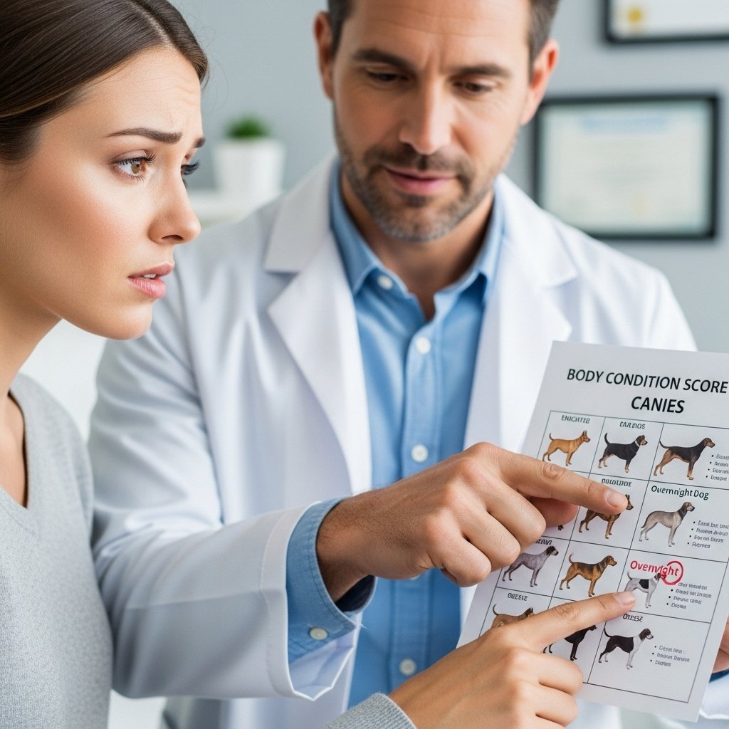 "A veterinarian explaining the clinical signs of canine obesity to a pet owner using a body condition chart"