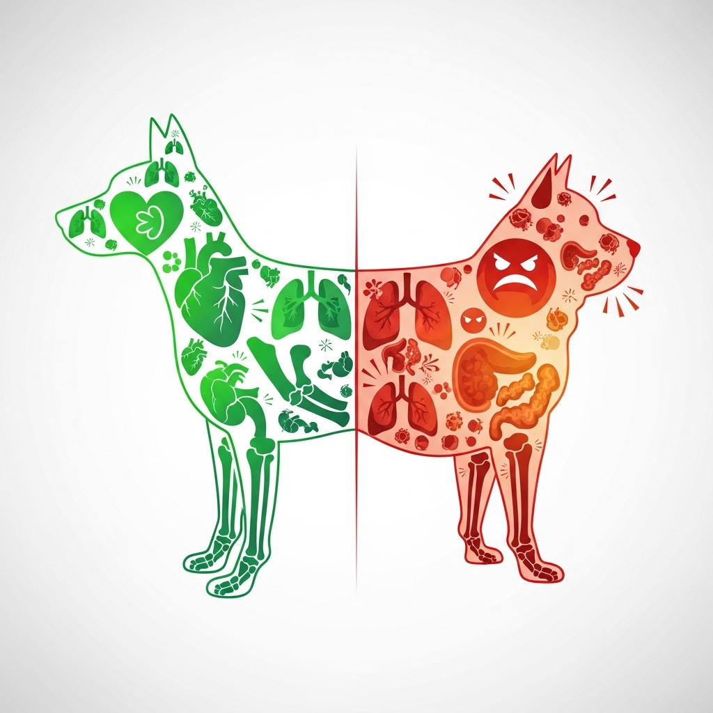 "An infographic showing the negative metabolic impact of canine obesity on a dog's internal organs and joints"