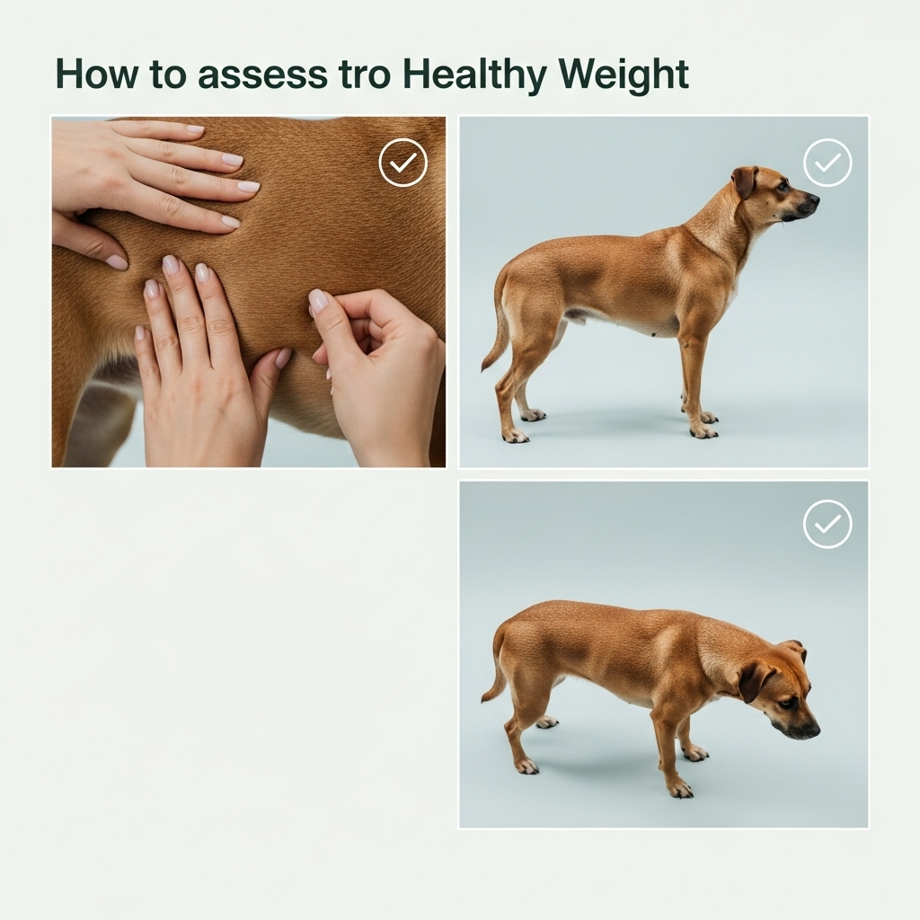"A visual guide demonstrating the at-home checklist for canine obesity: checking the ribs, profile, and waistline"