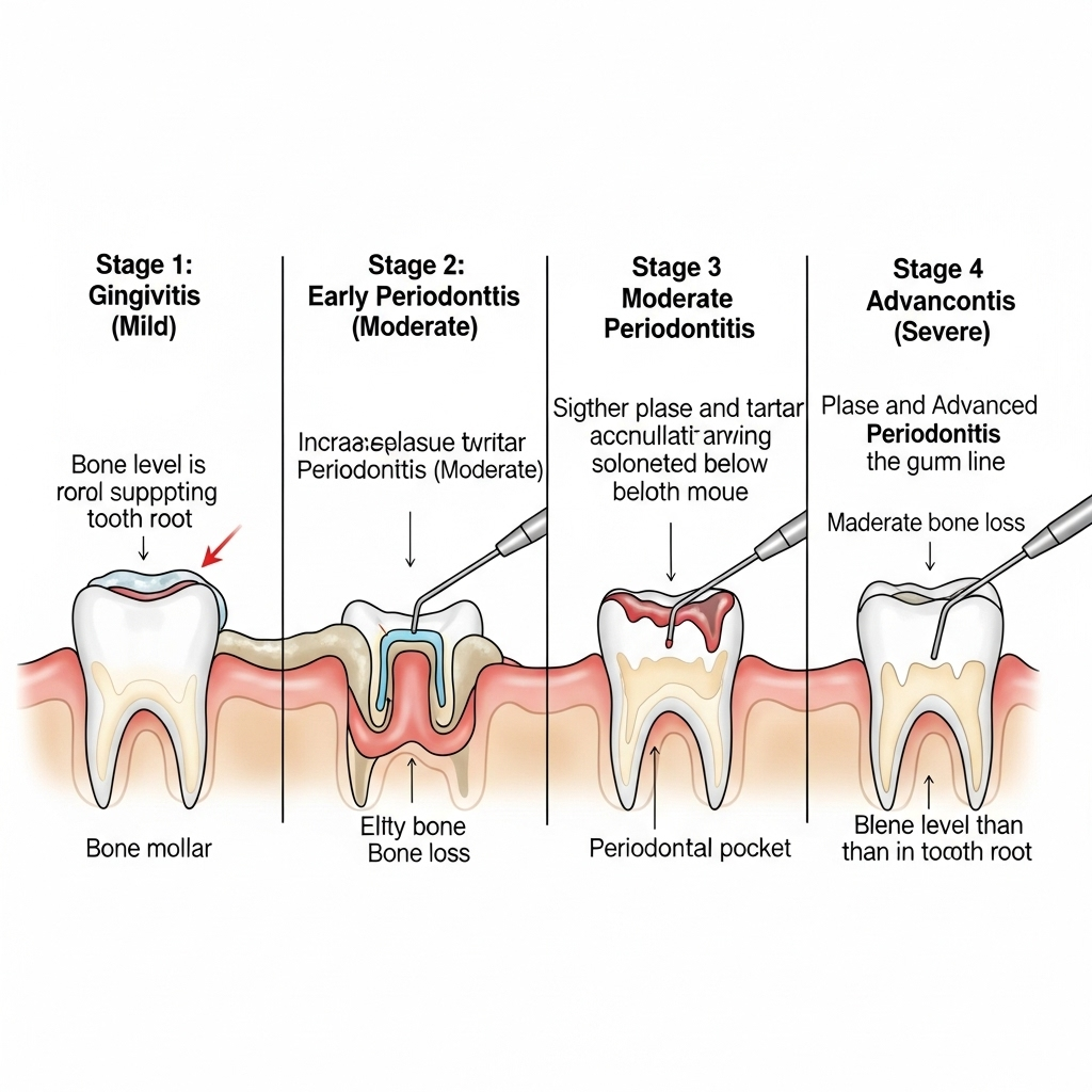 "A veterinary diagram detailing the four stages of periodontal disease in dogs, starting with plaque and progressing to severe infection"