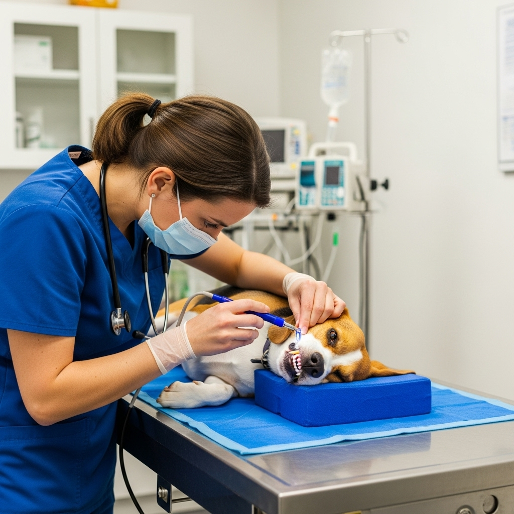 "A veterinarian performing a dental check-up, a key step in diagnosing periodontal disease in dogs"
