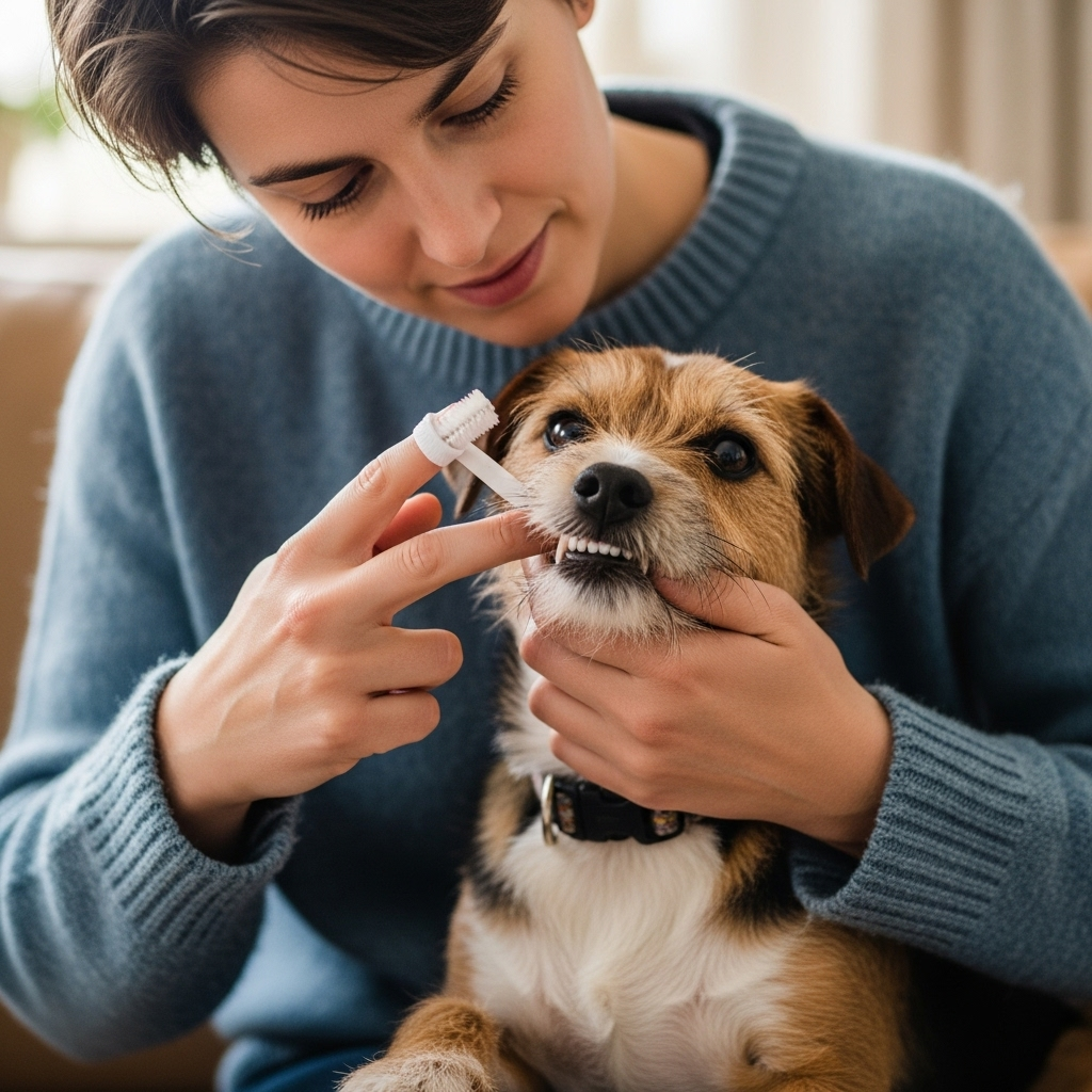 "An owner demonstrating proper at-home care by brushing their dog's teeth to prevent periodontal disease in dogs"