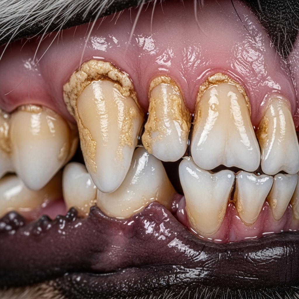 "A clinical close-up showing the signs of periodontal disease in dogs, including significant tartar buildup and gingivitis"
